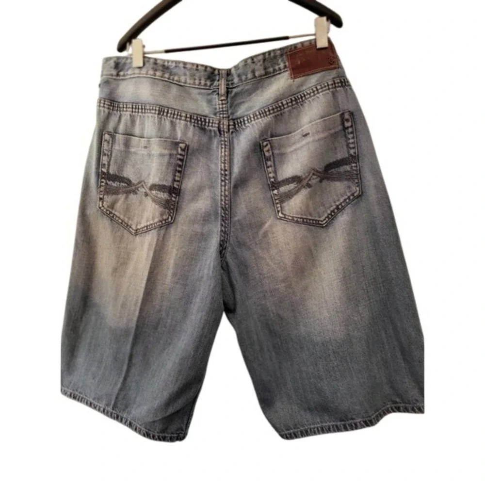 Ecko Unltd Mens Baggy Denim Shorts Light Wash Blue‎ 1972 Graphic Size 42